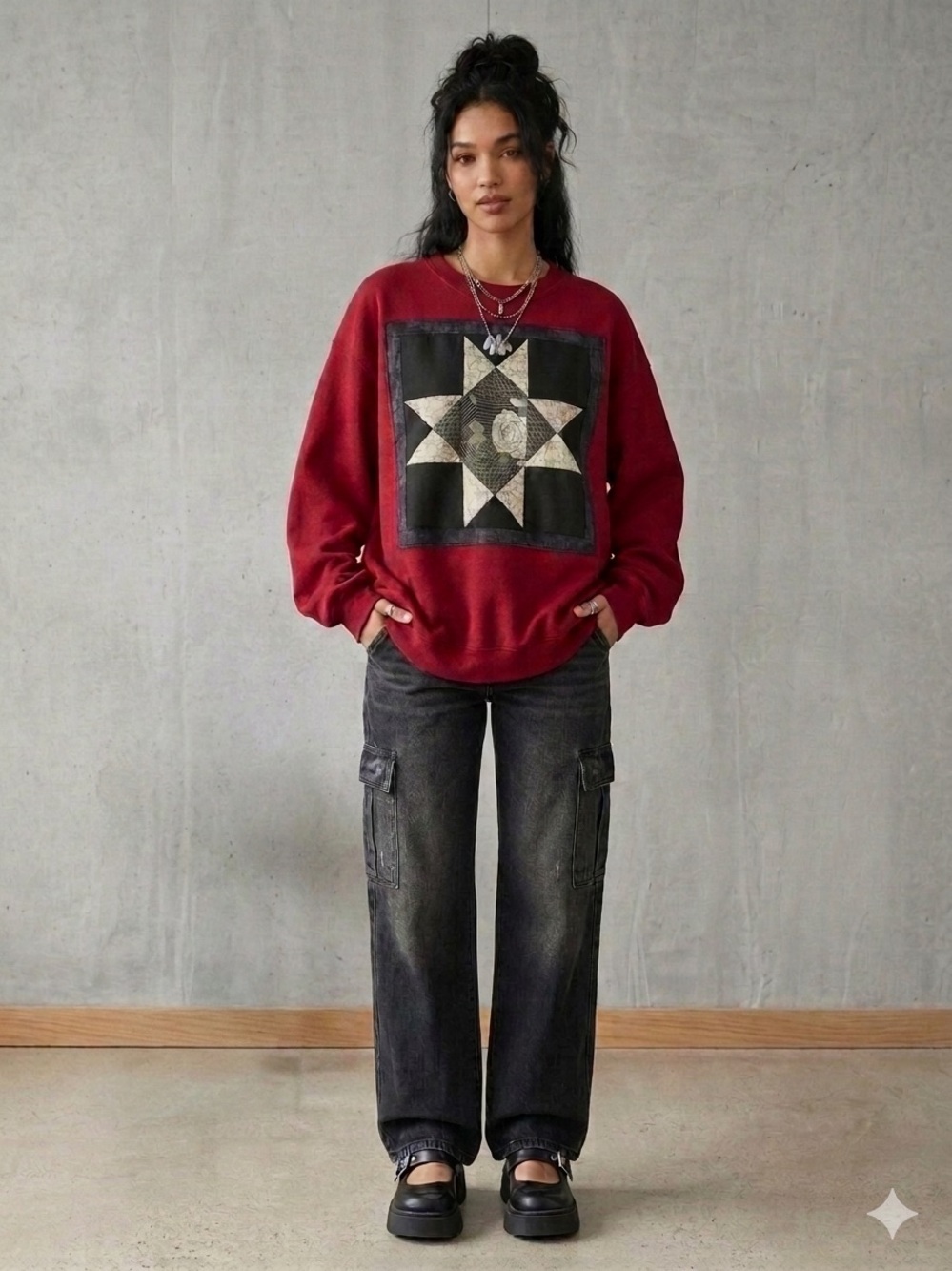 Upcycled Y2K Gildan Red Quilt Ohio Star Patch Sweatshirt XL Handmade Whimsigoth